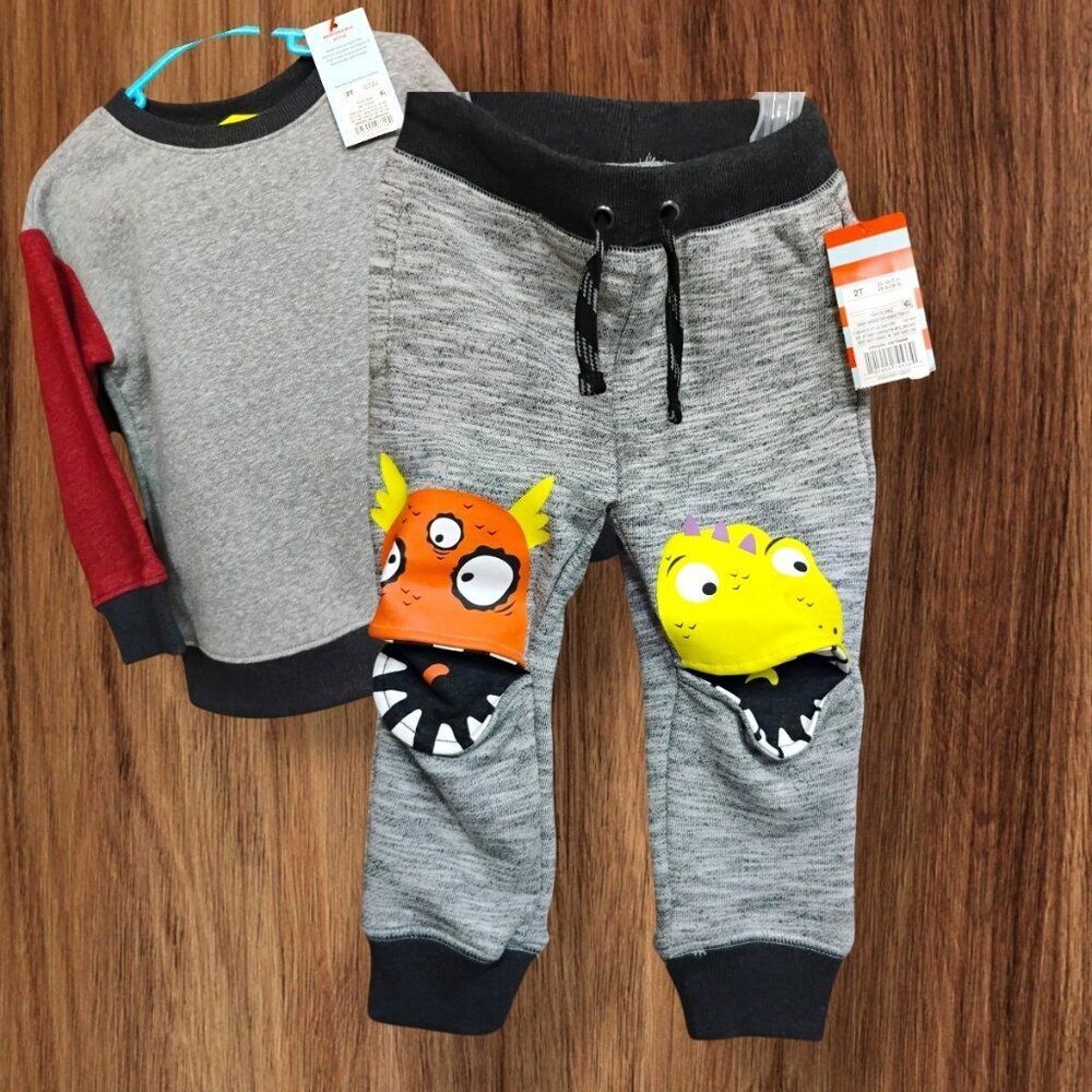 2T Cat & Jack Funny Cute Monster Knee Sweatpants Two Piece Set